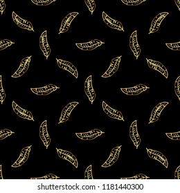 Gold little feather seamless pattern on black background. Modern gold vector pattern. 
