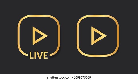 Gold live set icon. Live broadcast button isolated on black background. Vector illustration