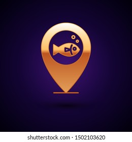 Gold Location fishing icon isolated on dark blue background. Fishing place.  Vector Illustration