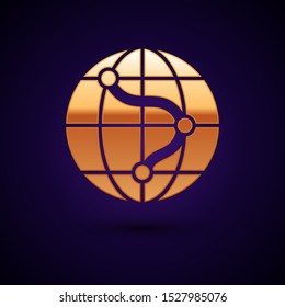 Gold Location on the globe icon isolated on dark blue background. World or Earth sign.  Vector Illustration