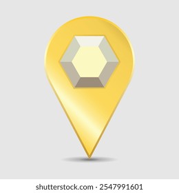 Gold location pin with a hexagon diamond. Premium Location Marker for Financial Apps, Investment Maps, or Business Finder Websites - Luxury GPS Symbol