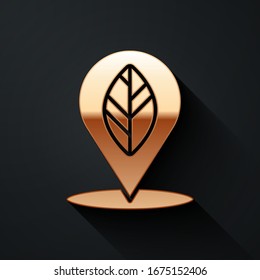 Gold Location pin with leaf inside icon isolated on black background. Long shadow style. Vector Illustration