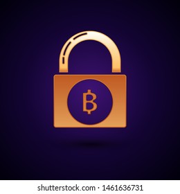 Gold Lock with bitcoin icon isolated on dark blue background. Cryptocurrency mining, blockchain technology, security, protect, digital money.  Vector Illustration