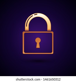 Gold Lock icon isolated on dark blue background. Padlock sign. Security, safety, protection, privacy concept.  Vector Illustration