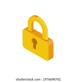 Gold lock. Lock icon isometric style. Vector illustration flat design. Isolated on white background. Symbol of privacy and protection.