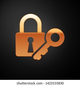 Gold Lock and key icon isolated on black background. Padlock sign. Security, safety, protection, privacy concept. Vector Illustration