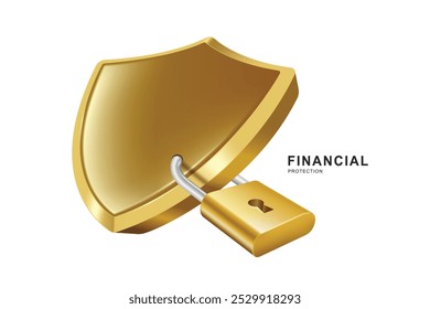 Bloqueio de ouro é bloqueado com um escudo de ouro para proteger contra roubo por fraudadores em transações financeiras, ilustração 3d vetorial isolado no fundo branco para design de publicidade financeira