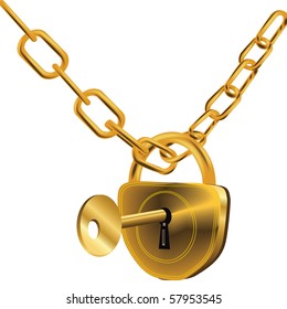 Gold lock on chain with key