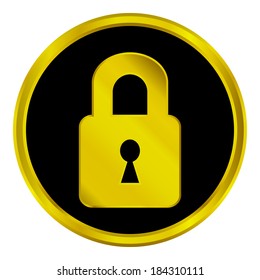 Gold lock sign button on white background.