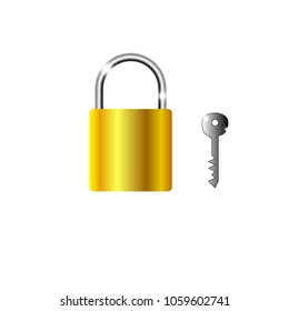 A gold lock and a silver key on a white background. vector ,