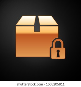 Gold Locked package icon isolated on black background. Lock and cardboard box.  Vector Illustration