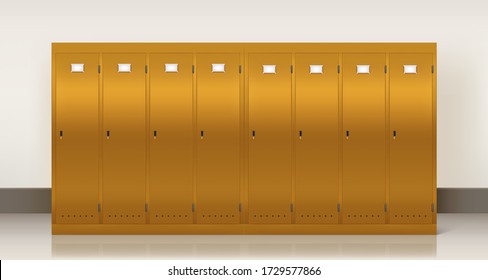 Gold lockers, vector school or gym changing room metal cabinets. Row of realistic 3d yellow storage furniture with keyholes and blank nameplates on closed golden doors in college, university, office