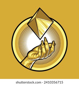 gold logo Champion trophy mascot Value creation in business idea, glowing hands holding diamond