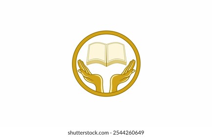 A gold logo design of an open book supported by two hands, set within a circular frame. Symbolizing knowledge, education, support, and wisdom, ideal for educational or philanthropic branding.