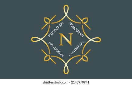 Gold logo emblem on a dark green background with the letter N. Simple monogram (sign, symbol, ornament)