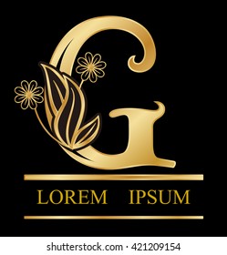 Gold logo font g type Design leaves with flowers in letter