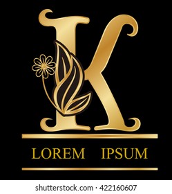 Gold logo font k type Design leaves with flowers in letter s logo.