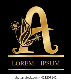 Gold logo font type Design leaves with flowers in letter a logo