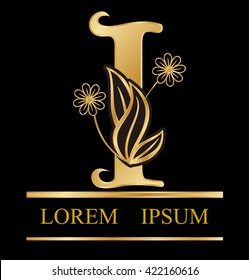 Gold logo font i type Design leaves with flowers in letter s logo