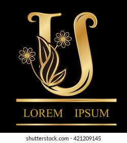 Gold logo font u type Design leaves with flowers in letter  logo