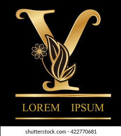 Gold logo font y type Design leaves with flowers in letter s logo