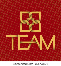 Gold logo of four connected hearts and team inscription on golden red starry background
