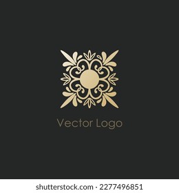 Gold logo. Golden hand drawn logotype minimal design for cosmetics, spa or boutique. Floral curvy decor. Luxury elegant tile, emblem or badge. Business fashion identity, vector isolated illustration