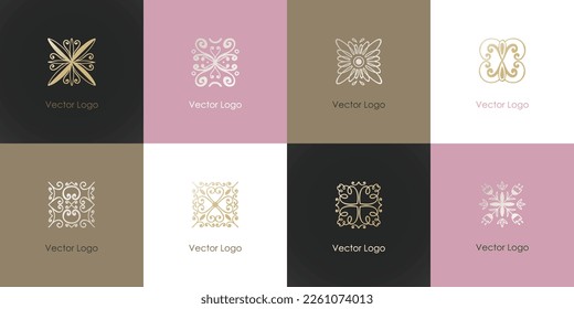 Gold logo. Golden logotype minimal design, cosmetics, spa or boutique hand drawn floral curvy decor. Luxury elegant tile, emblem or badge. Business fashion identity vector isolated illustration