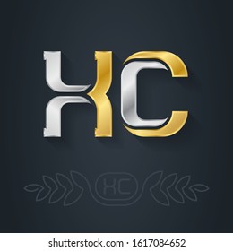Gold logo inlaid with silver. X and C - initials. XC - abbreviation. Metallic 3d icon or logotype template. Design element from precious metals with lineart option.