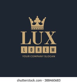 Gold logo on a dark blue background with a picture of the silhouette of the crown and the words Lux. It symbolizes the highest quality, strength, indestructibility. Vector Illustration.