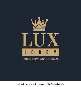 Gold logo on a dark blue background with a picture of the silhouette of the crown and the words Lux. It symbolizes the highest quality, strength, indestructibility. Vector Illustration.