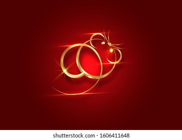 Gold logo rat or mouse icon, Chinese Zodiac Sign Year of the Rat. Happy Chinese New Year 2020. Luxury greeting card holiday party. Golden asian elements style, jewel decor and dark red background 