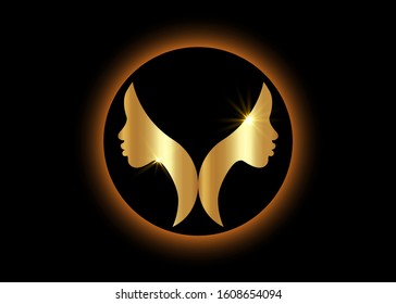 Gold Logo Round Design African American Woman Face Profile. Golden Women Profile Silhouette On The Black Background. Vector Illustration Isolated