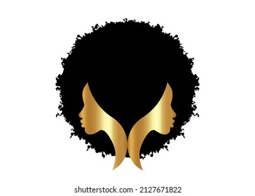 gold logo round design African american woman face profile with black curly afro hair. Golden Women profile hairstyle silhouette on the white background. Vector illustration isolated