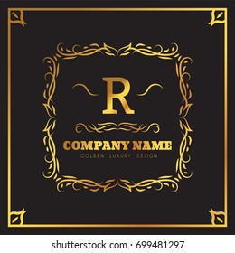 Gold Logo template Elegant flourishes calligraphic. Monogram R letter emblem. Vintage ornament lines. Luxury Business sign, identity for Restaurant, Fashion Boutique, Cafe, Hotel, vector illustratio