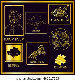 Gold logo. Tree, leaf, fish for company emblem. Vector illustration