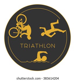 Gold logo triathlon. Triathlete figures on white background.