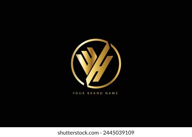 a gold logo with the word HE on it