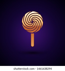 Gold Lollipop icon isolated on dark blue background. Food, delicious symbol.  Vector Illustration