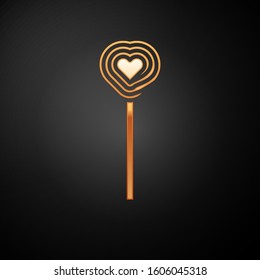 Gold Lollipop icon isolated on black background. Candy sign. Food, delicious symbol. Valentines day. Love symbol.  Vector Illustration