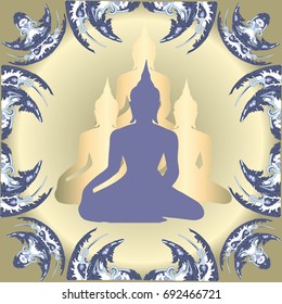 Gold Lord Buddha Silhouette with Traditional Thai Ornament. Buddhism Symbol.