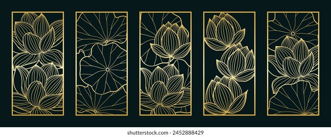 Gold lotus flower line art pattern vector collection. Laser cut with line design pattern. Design for wood carving, wall panel decor, metal cutting, wall arts, cover background, wallpaper and banner.