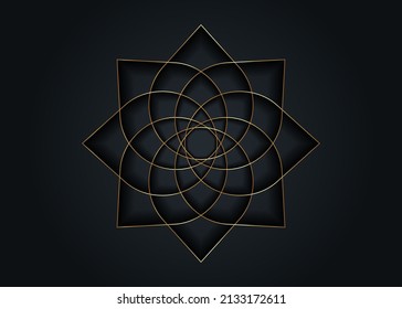 Flor de loto dorado mandala, símbolo de semilla de vida Geometría sagrada. Icono del logotipo Mandala mística geométrica de la flor esotérica alquimista. Línea dorada vectorial arte amuleto meditativo divino aislado en negro 