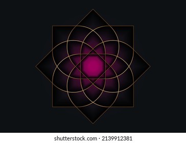 Flor de loto dorado mandala, símbolo de semilla de vida Geometría sagrada. Icono del logotipo Mandala mística geométrica de la flor esotérica alquimista. Línea dorada vectorial arte amuleto meditativo divino aislado en negro 