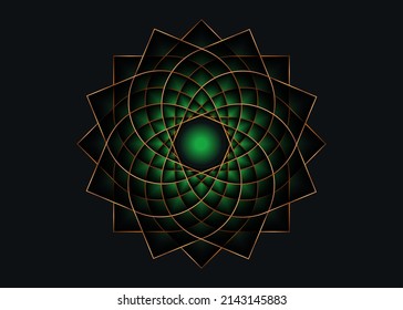 Flor de loto dorado mandala, símbolo de semilla de vida Geometría sagrada. Icono del logotipo Mandala mística geométrica de la flor esotérica alquimista. Línea dorada vectorial arte amuleto meditativo divino aislado en negro 