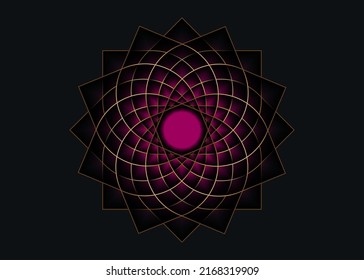 Flor de loto dorado mandala, símbolo de semilla de vida Geometría sagrada. Icono del logotipo Mandala mística geométrica de la flor esotérica alquimista. Línea dorada vectorial arte amuleto meditativo divino aislado en negro 