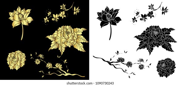 gold Lotus flower with peony flower and peach flower plant.Chinese flower set isolate.Cherry blossom vector for elements on white background.