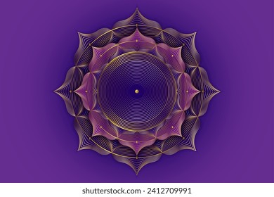 Goldlotusblume, spirituelle Mandala, Heilige Geometrie. Helles goldenes Lotus Symbol für Harmonie und Gleichgewicht, siebte Chakra. Mystischer Talisman, luxuriöser, runder Vektorgrafik einzeln auf violettem Hintergrund 