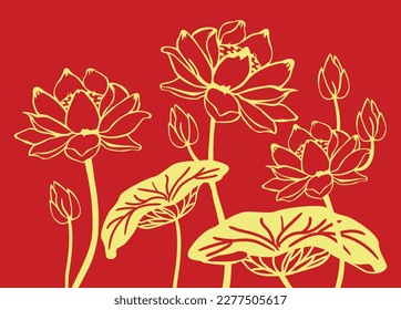 Flores de loto dorado sobre fondo rojo. Flores de loto al estilo de corte de papel. Arte vectorial.