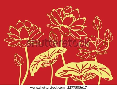 Gold lotus flowers on red background. Paper cutting style lotus flowers. Vector arts.